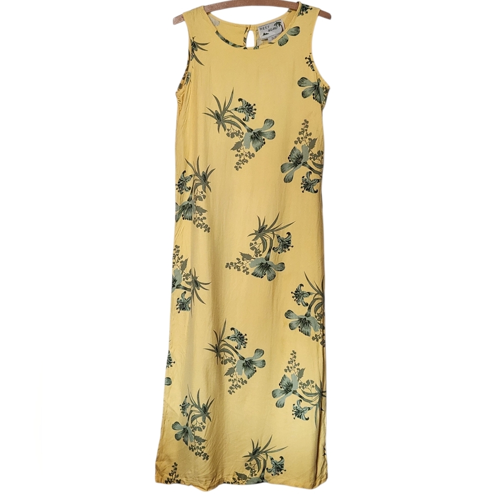 Vintage Reef Island 100% Silk Yellow and Green Maxi Dress Size Small